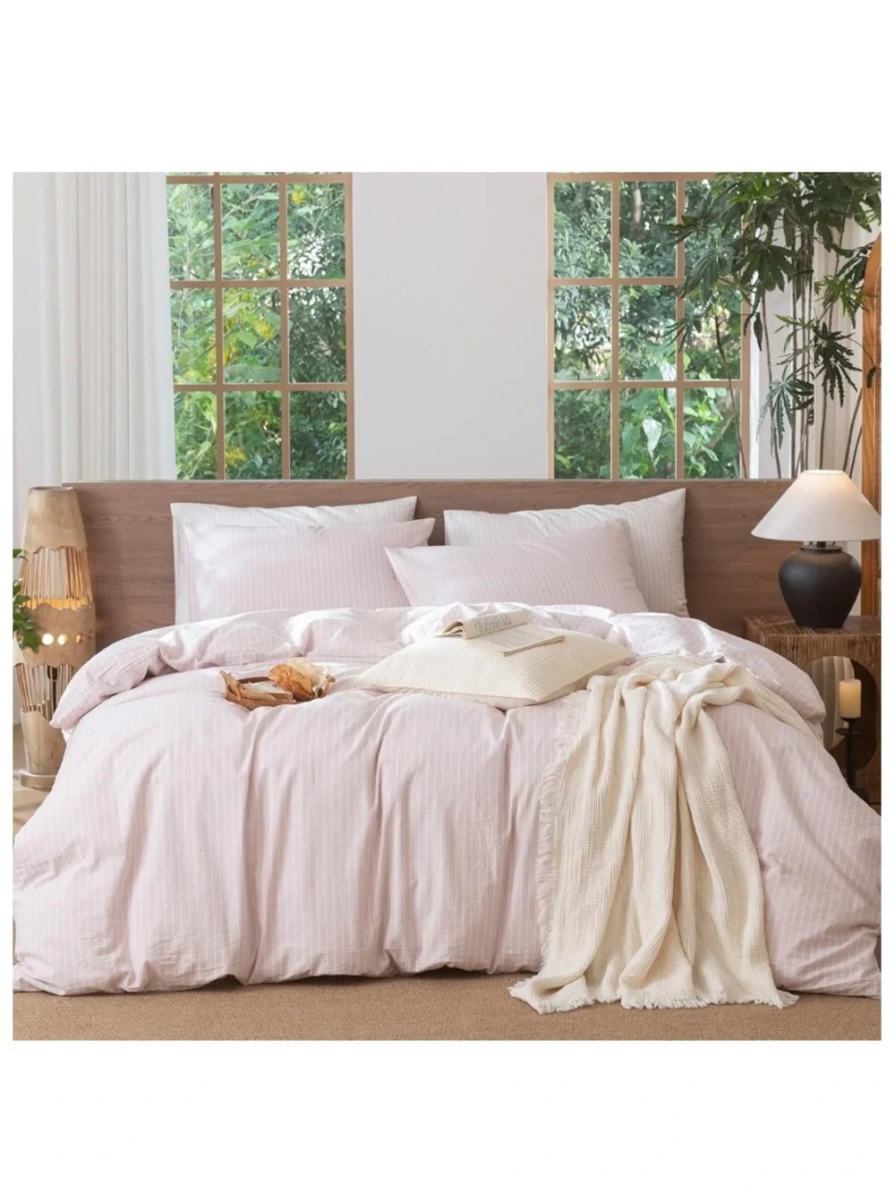 QUEEN Striped Duvet Set 3Pc. 100% Cotton 200 Thread Count GRAYISH PINK & WHITE